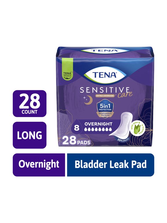 Sensitive Care Overnight Incontinence Pads Women, Extra Coverage, 28ct