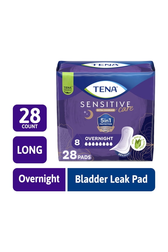 Incontinence Pads, Bladder Control & Postpartum for Women, Overnight Absorbency, Sensitive Care, 28 Count