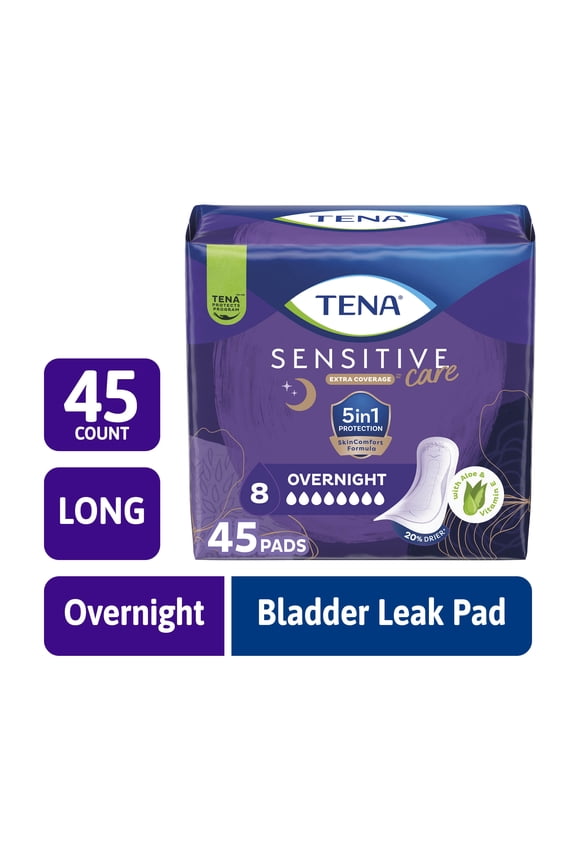 Sensitive Care Extra Coverage Overnight Incontinence Pads, 45 Count