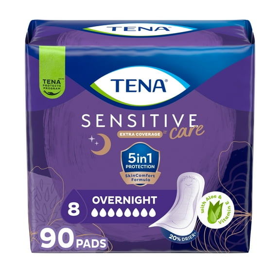 TENA Sensitive Care Extra Coverage Overnight Incontinence Pads, 90 Count