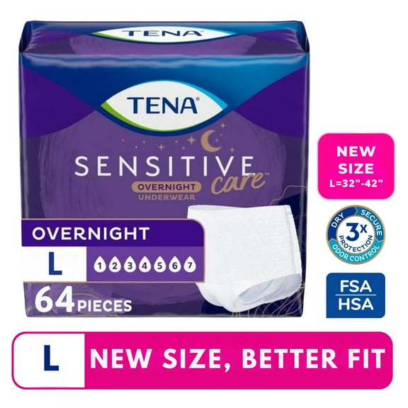 TENA Sensitive Care Overnight Underwear, L, 64 Count (Waist size 32in - 42in)