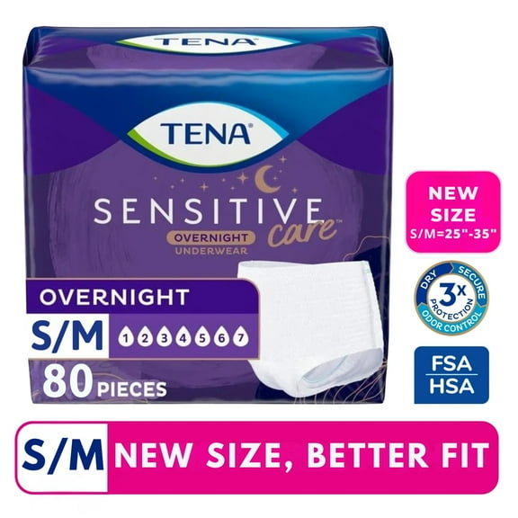 TENA Sensitive Care Overnight Incontinence Underwear for Women, Bladder Control and Postpartum, Small/Medium, 80 count (Waist size: 25in-35in)