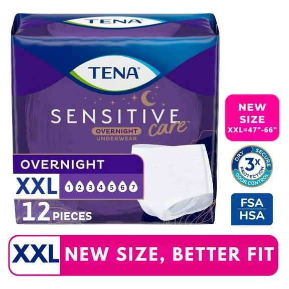 TENA Women Overnight Incontinence Underwear, XXL, 12 Count (Waist size 47in to 66in)
