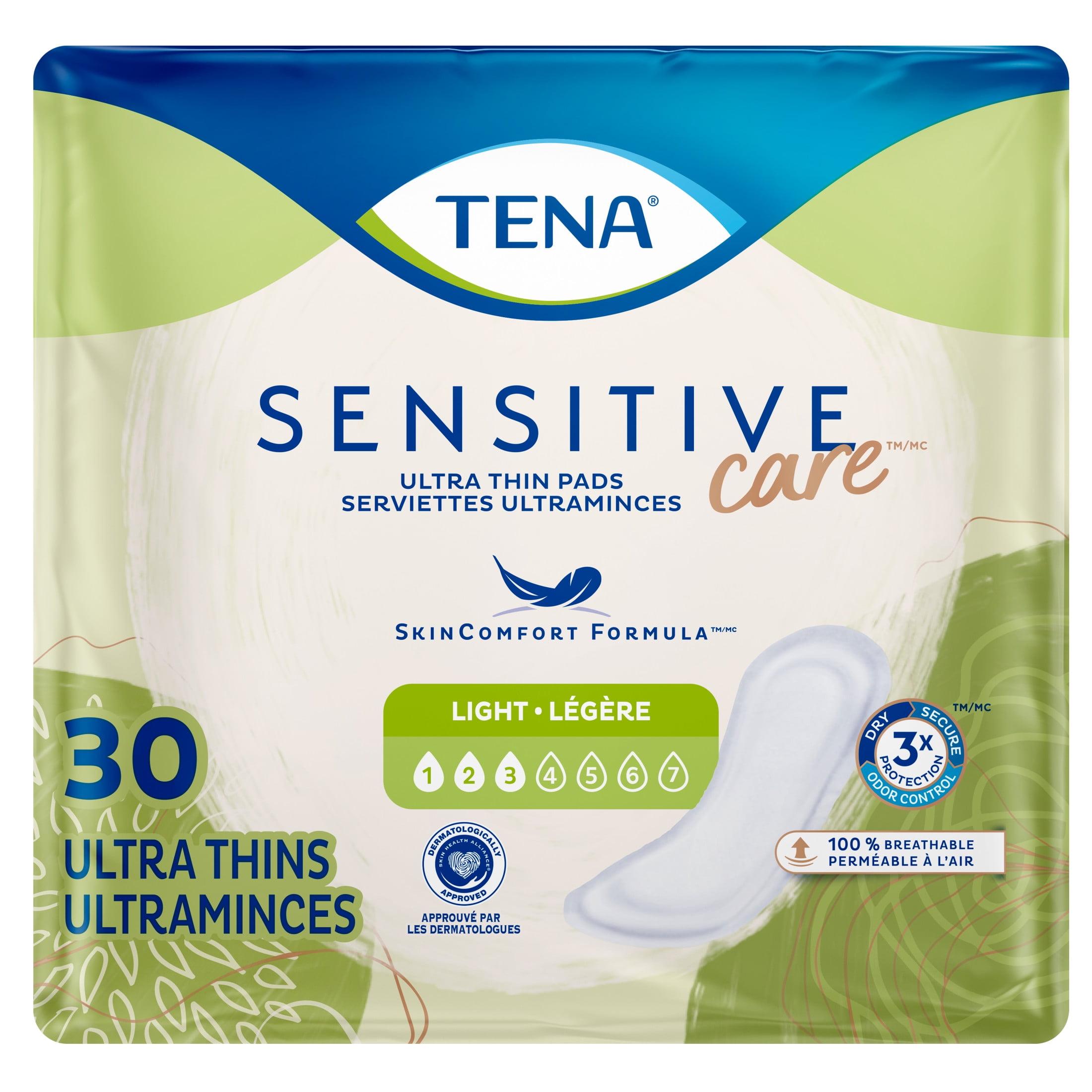 TENA Sensitive Care Ultra Thin Light Incontinence Pads, Regular, 30 Count