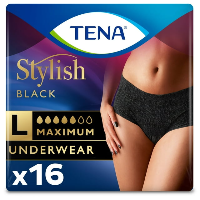 Tena Stylish Black Underwear for Women, Maximum, Large, 16 Ct