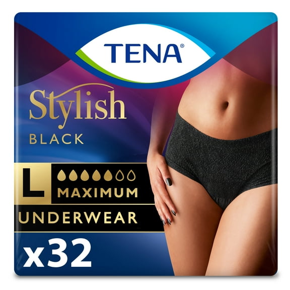 TENA Stylish Black Underwear for Women, Maximum, Large, 32 Count