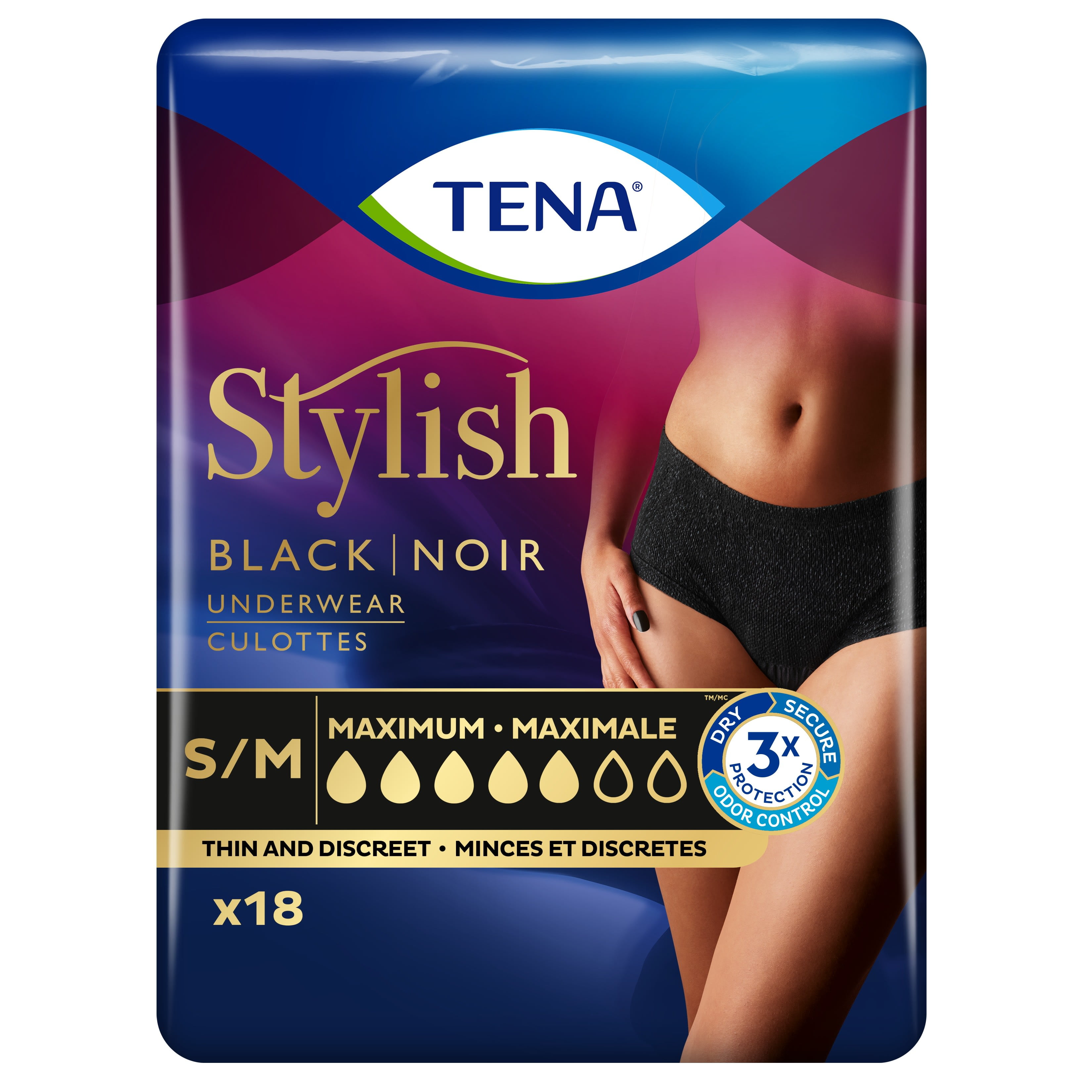 Tena Stylish Black Underwear for Women, Maximum, S/M, 18 ct