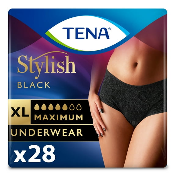 TENA Stylish Black Underwear for Women, Maximum, XL, 28 Count