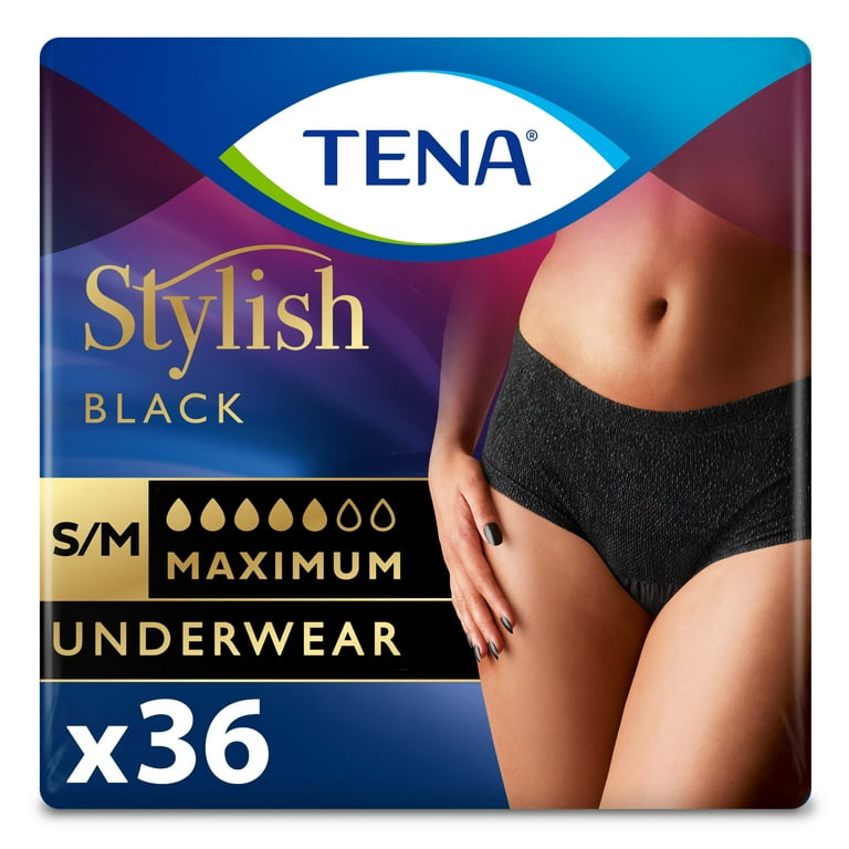 Tena Stylish Incontinence Protective Underwear for Women, Black, S/M, 36  Count