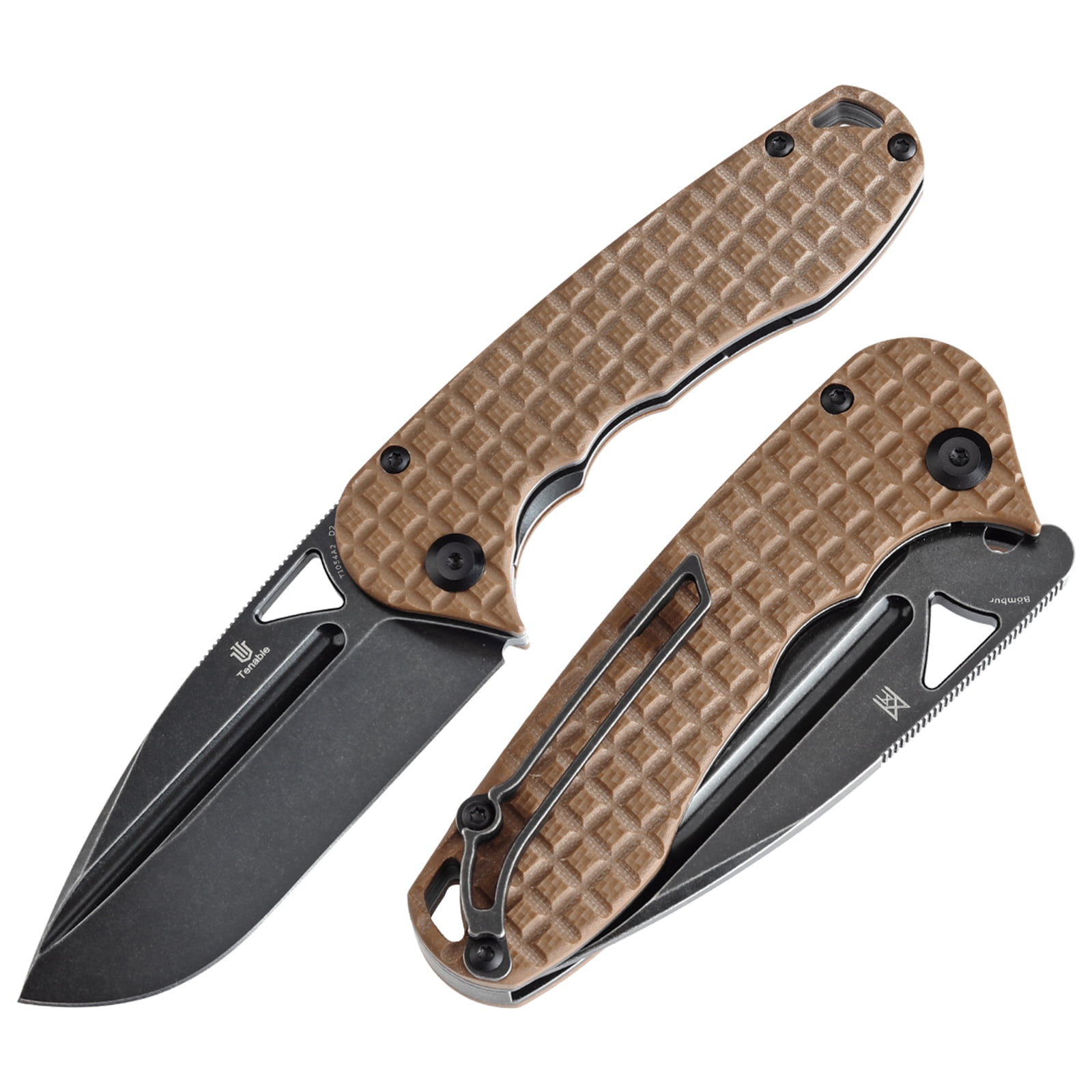 Tenable Bömbur Folding Pocket Knife 3.53'' Blackwash D2 Blade,Brown G10 with Frag Pattern Handle,T1054A2