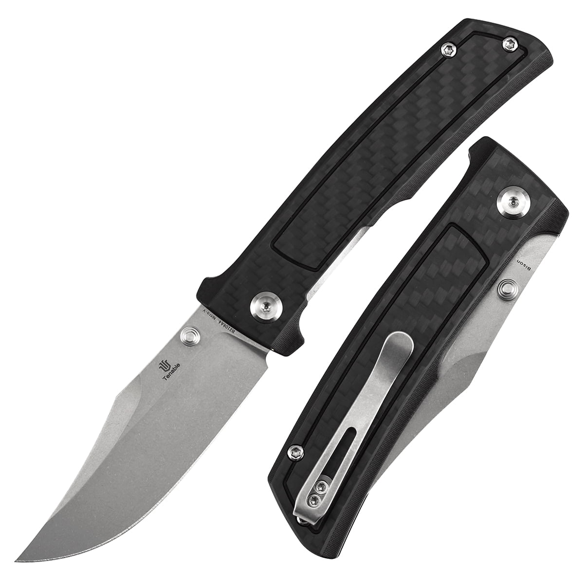 Tenable Bison Folding Knife 3.24'' Stonewashed Nitro V Blade,Carbon Fiber-G10 Handle,B2108A4