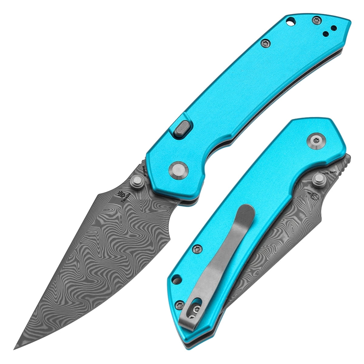Tenable Fenrir Folding Pocket Knife 3.4“ Damascus Blade Blue Aluminum Handle B1034H8