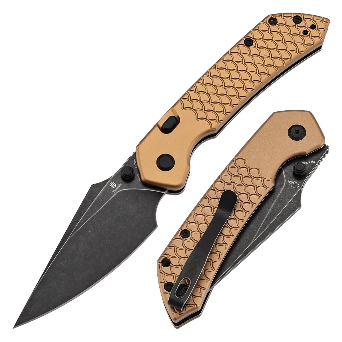 Tenable Fenrir Folding Pocket Knives 3.4“ Blackwashed Nitro-V Blade,Bronze Aluminum with Fishscale Texture Handle,B1034H11