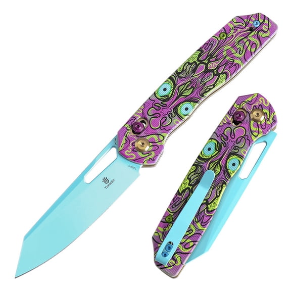 Tenable Shard Folding Pocket Knife with Clip, 3.47'' Blue Coated 14C28N Blade,Secure Crossbar Lock,Jade G10 with Purple Motif Handle,T1006V9