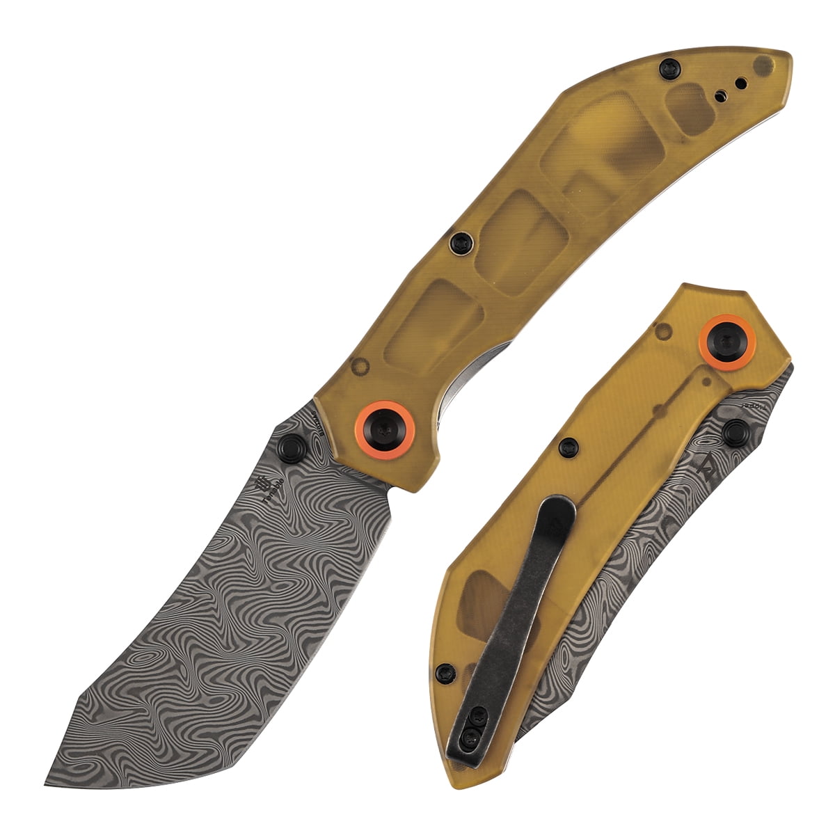 Tenable Tipper Folding Pocket Knife 3.39'' Damascus Blade,Amber PEI/Ultem Handle,B1079A5