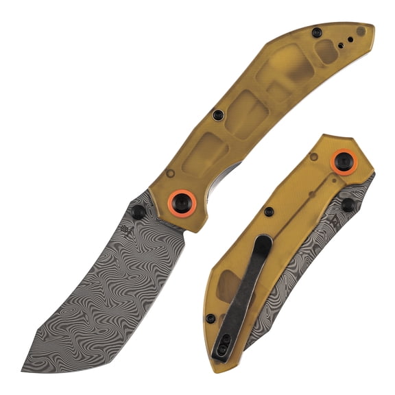 Tenable Tipper Folding Pocket Knife 3.39'' Damascus Blade,Amber PEI/Ultem Handle,B1079A5