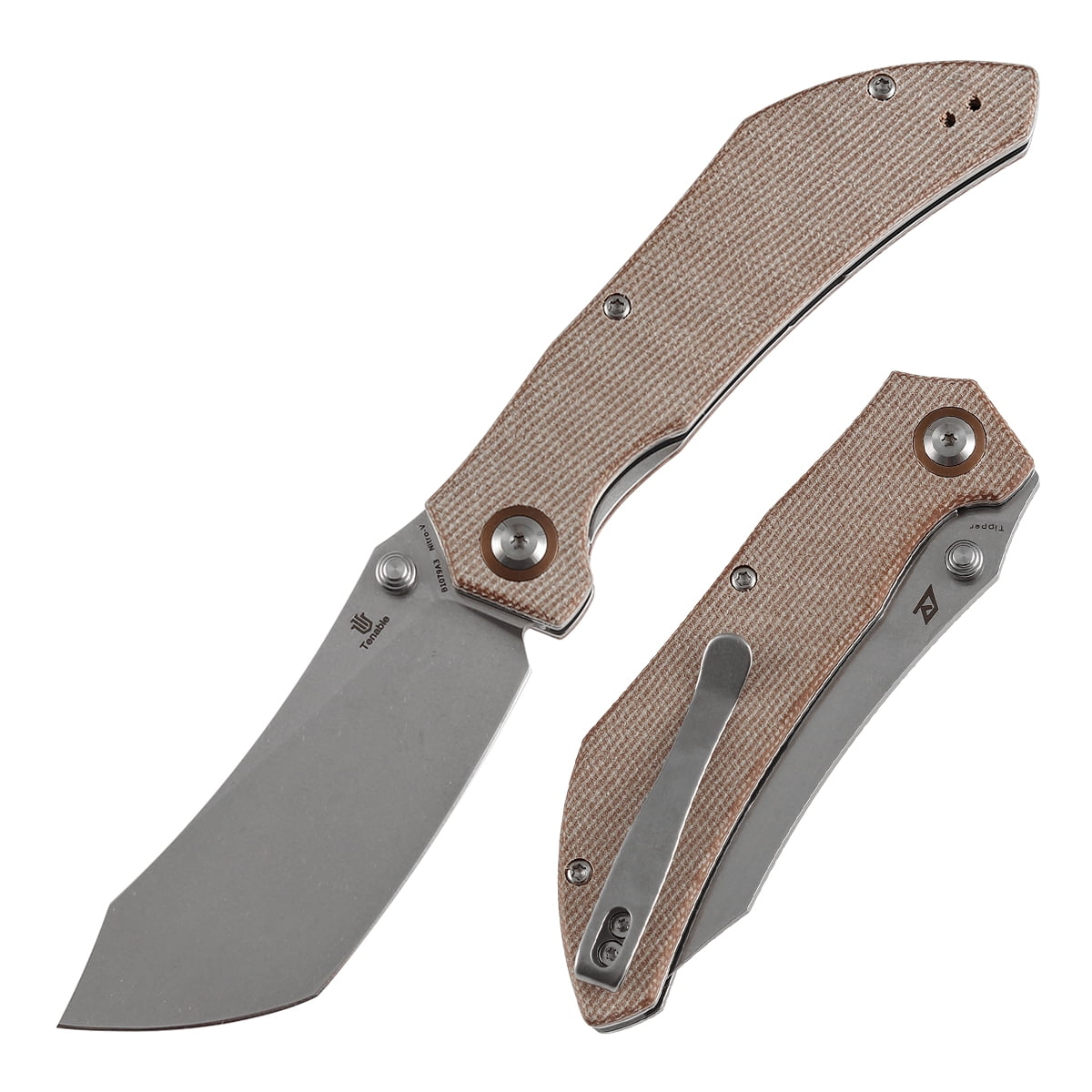 Tenable Tipper Folding Pocket Knife 3.39'' Stonewashed Nitro V Blade,Brown Micarta Handle,B1079A3