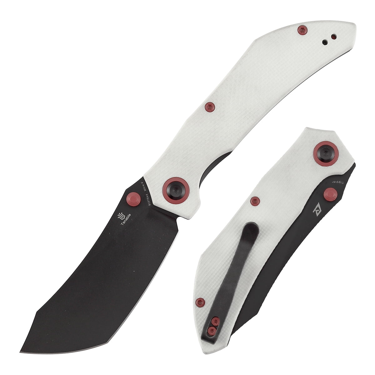 Tenable Tipper Folding Pocket Knife .39'' Blackwash Nitro V Blade,White G10 Handle,B1079A4