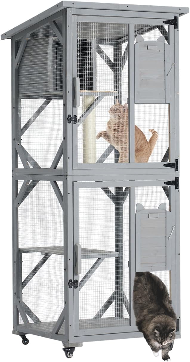 Wood Cat Enclosure Catio Cage Pet Playhouse Run House Cage with 3 Activity Platforms, Small