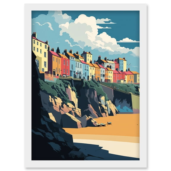 Tenby Harbour Beach Coastal Town Illustration Artwork Framed Wall Art Print A4