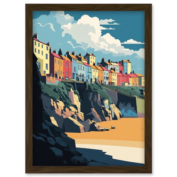 Tenby Harbour Beach Coastal Town Illustration Artwork Framed Wall Art Print A4