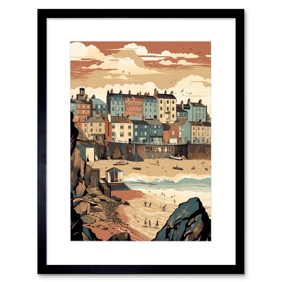 Tenby Harbour Beach Pastel Colour Coastal Town Artwork Framed Wall Art Print 9X7 Inch