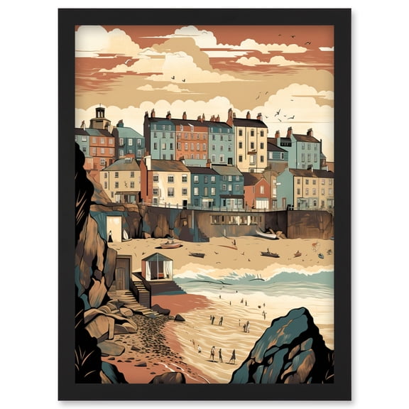 Tenby Harbour Beach Pastel Colour Coastal Town Artwork Framed Wall Art Print A4
