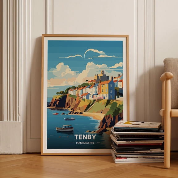Tenby Harbour Wales Pembrokeshire Coastal Wall Art, Unframed Paper Poster 8x10in