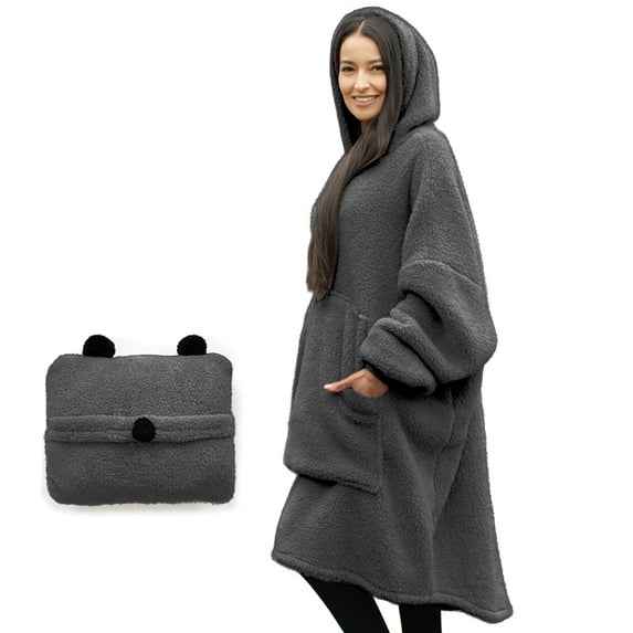 Tenby Wearable Blanket with Sleeves for Women and Men, Oversized One Size Sherpa Blanket Hoodie Sweatshirt with Front Pocket, Foldable Portable Travel Pillow with Handle and Trolley Straps, Gray