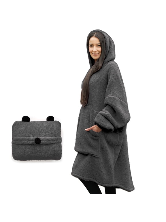 Wearable Blanket with Sleeves for Women and Men, Oversized One Size Sherpa Blanket Hoodie Sweatshirt with Front Pocket, Foldable Portable Travel Pillow with Handle and Trolley Straps, Gray