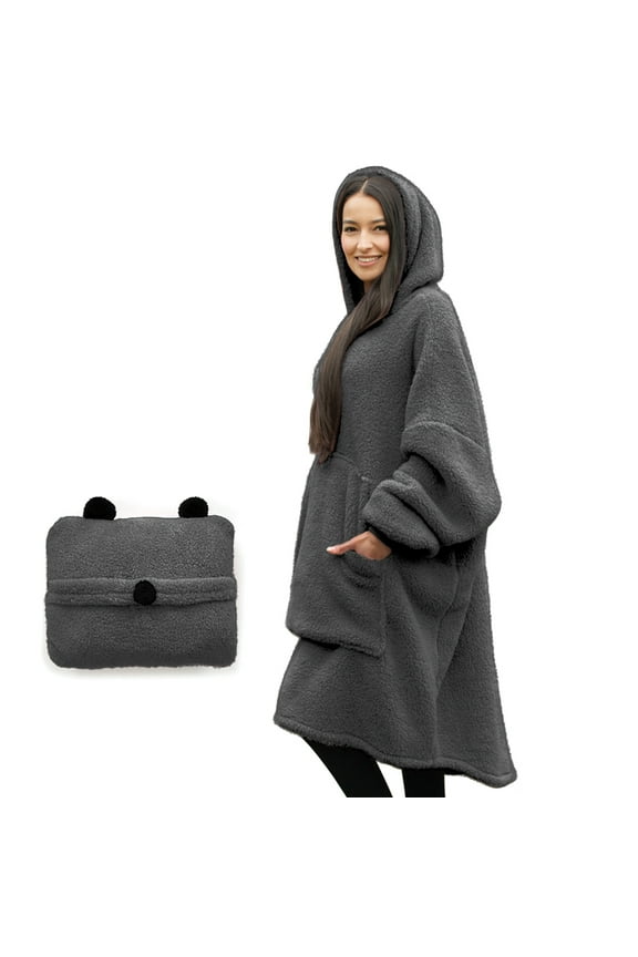 Wearable Blanket with Sleeves for Women and Men, Oversized One Size Sherpa Blanket Hoodie Sweatshirt with Front Pocket, Foldable Portable Travel Pillow with Handle and Trolley Straps, Gray
