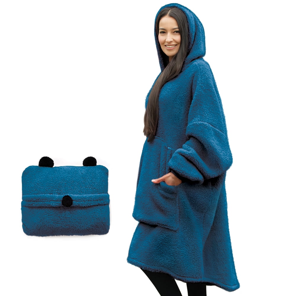 Tenby Wearable Blanket with Sleeves for Women and Men, Oversized One Size Sherpa Blanket Hoodie Sweatshirt with Front Pocket, Foldable Portable Travel Pillow with Handle and Trolley Straps, Blue