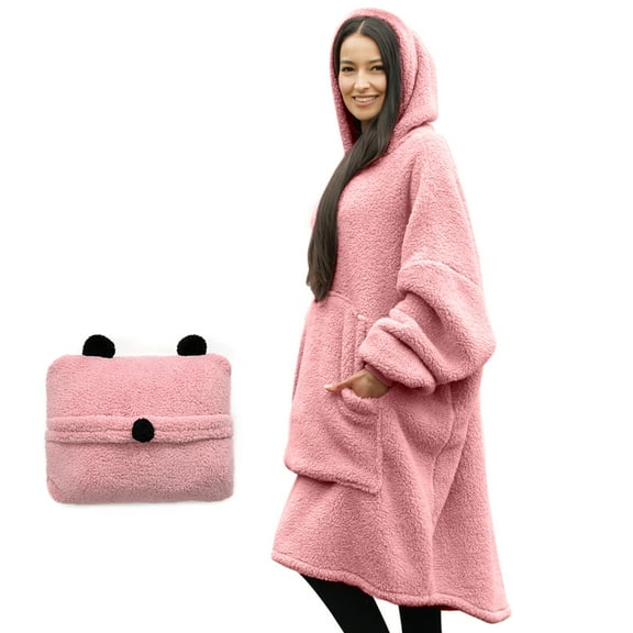 Tenby Wearable Blanket with Sleeves for Women and Men, Oversized One Size Sherpa Blanket Hoodie Sweatshirt with Front Pocket, Foldable Portable Travel Pillow with Handle and Trolley Straps, Pink