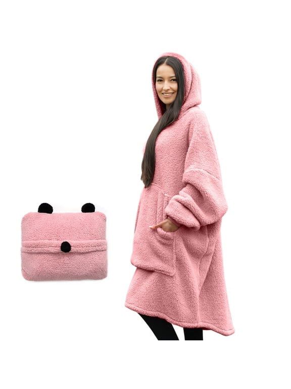 Wearable Blanket with Sleeves for Women and Men, Oversized One Size Sherpa Blanket Hoodie Sweatshirt with Front Pocket, Foldable Portable Travel Pillow with Handle and Trolley Straps, Pink