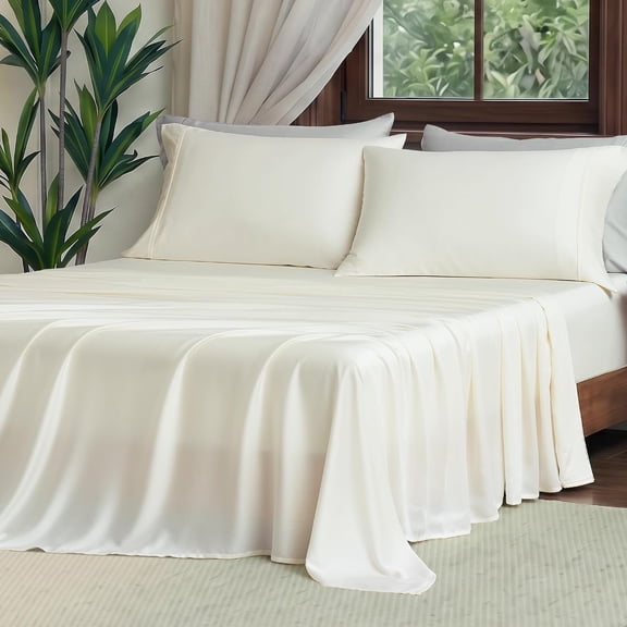 Tencel Lyocell Sheet Set  Size 3 count, Silky Soft Breathable Cooling Sheet Set with 16 Inch Deep Pocket for Hot Sleepers, Cream White