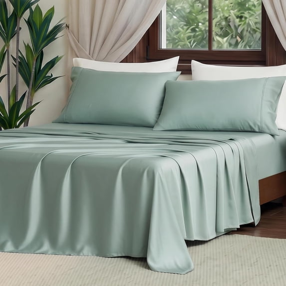 Tencel Lyocell Sheet Set Size 3 count, Silky Soft Breathable Cooling Sheet Set with 16 Inch Deep Pocket for Hot Sleepers, Mist Green