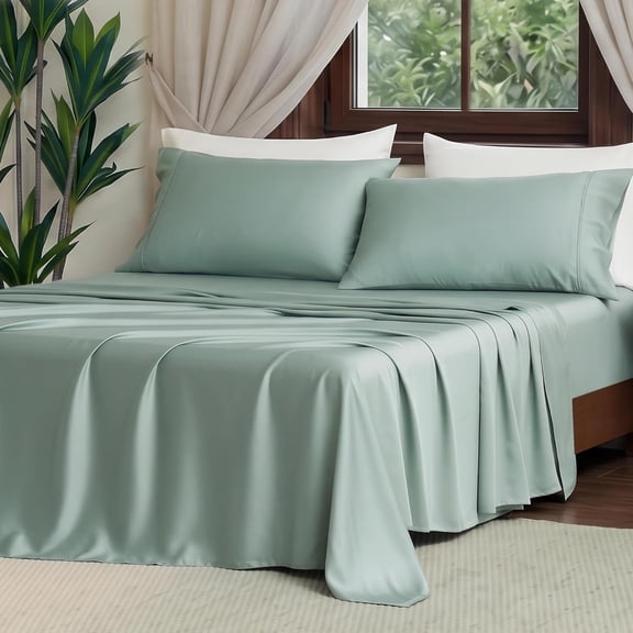 Tencel Lyocell Sheet Set Size 3 count, Silky Soft Breathable Cooling Sheet Set with 16 Inch Deep Pocket for Hot Sleepers, Mist Green