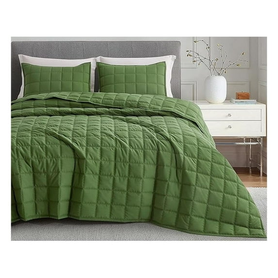 Tencel Modal Quilt Set Queen, Forest Green - Lightweight Bedspread, Soft All Season Quilt, Detailed Square Stitching
