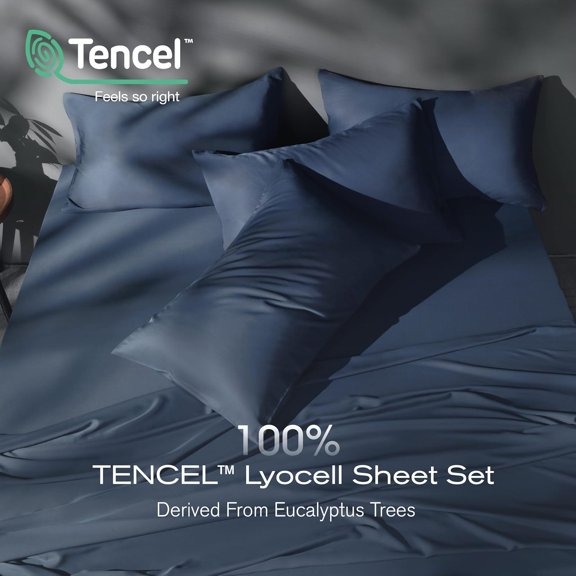 Tencel Sheet Set Queen Size, Eucalyptus Lyocell, Breathable & Cooling Sheets, Deep Pocket Up to 16 Inch, Silky Soft, Ideal for Hot Sleepers - 4PC (Queen, Navy)