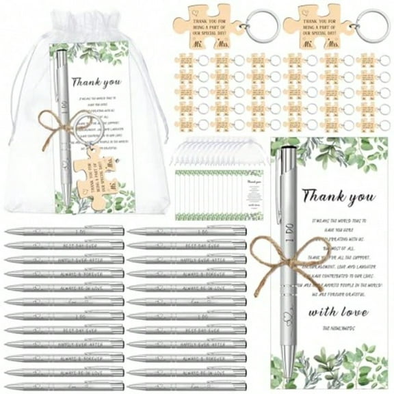 Tenceur 50 Sets Wedding Favors for Guests Gift Bulk Retractable Ballpoint Pens Bulk Wood Puzzle Keychains with Thank You Cards Organza Bag for Guest Wedding Souvenirs Bridal Shower Gifts