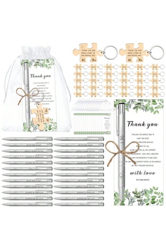 Tenceur 50 Sets Wedding Favors for Guests Gift Bulk Retractable Ballpoint Pens Bulk Wood Puzzle Keychains with Thank You Cards Organza Bag for Guest Wedding Souvenirs Bridal Shower Gifts