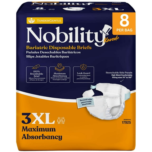 Tender Gentle 3XL Adult Diapers for Women and Men - 8 Bariatric Disposable Briefs with Tabs, Breathable, Maximum Absorbency, XXXL