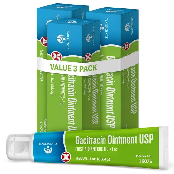 Tender Gentle Bacitracin Antibiotic Ointment USP - 1 oz Topical Antibiotic First Aid Ointment - for Minor Cuts, Scrapes, and Burns - 3 pk