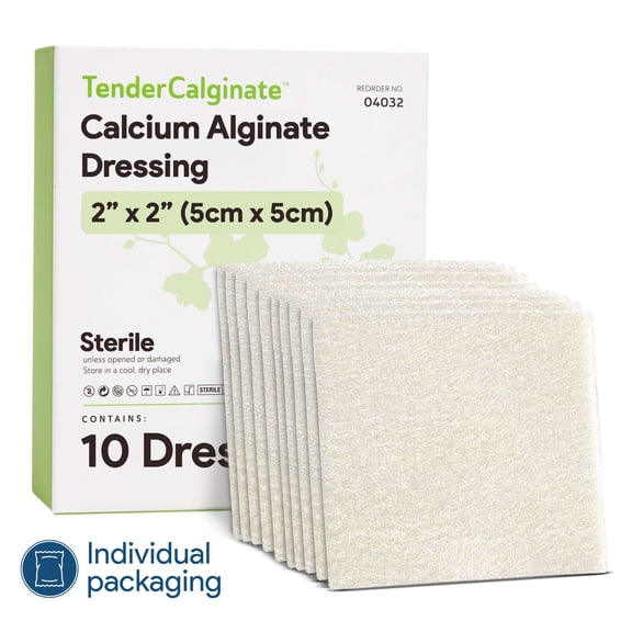 Tender Gentle Calcium Alginate Wound Dressing 2" x 2" - 10 ct. Individually Wrapped, Non Stick, Sterile Highly Absorbent Dressings