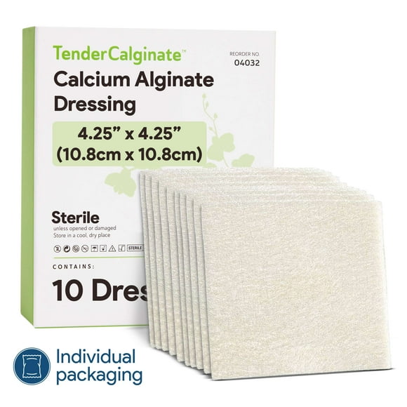 Tender Gentle Calcium Alginate Wound Dressing 4" x 4" - 10 ct. Individually Wrapped, Non Stick, Sterile Highly Absorbent Dressings