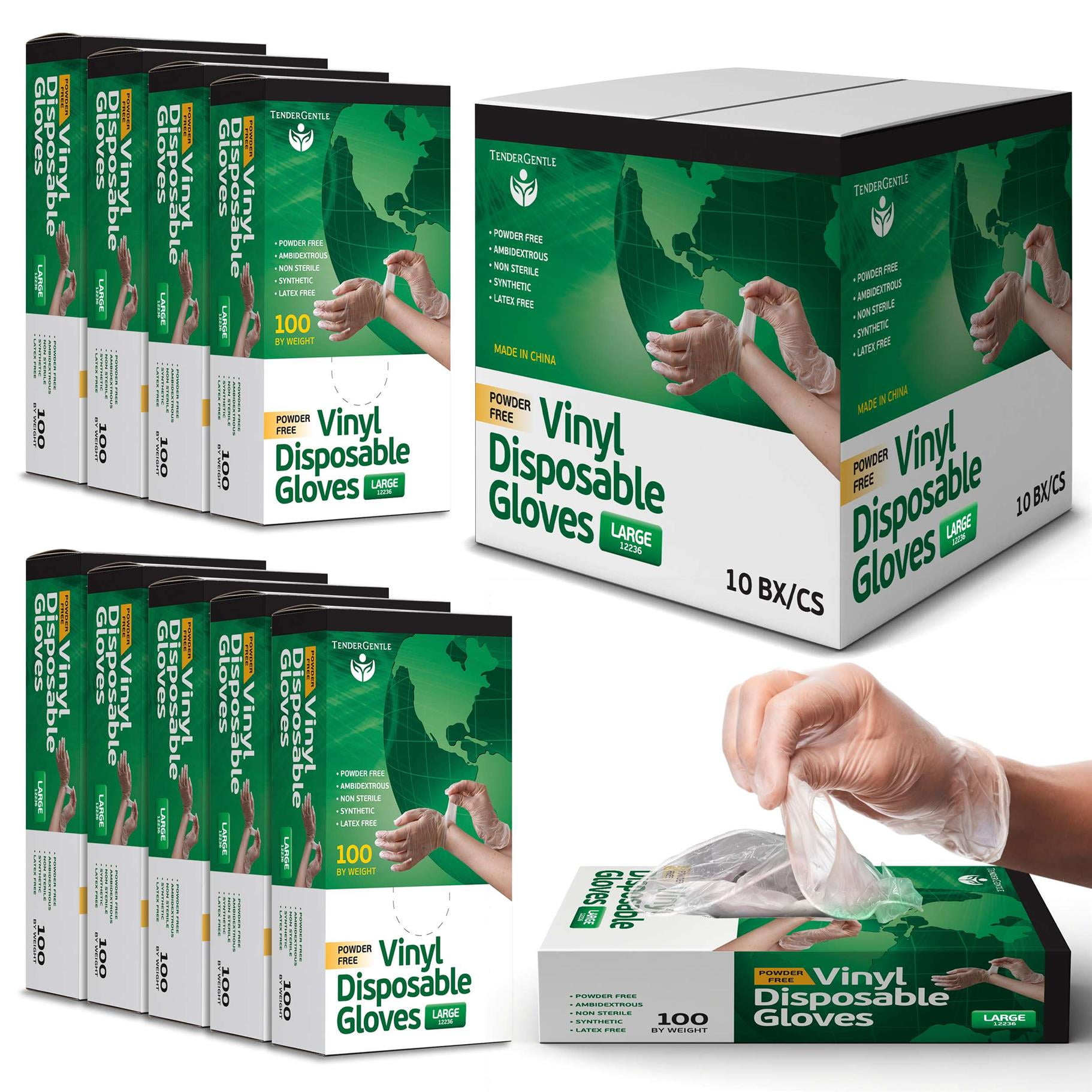 Tender Gentle Disposable Vinyl Gloves 1,000 ct. (10 x 100) - Large - Clear - Latex Free - Food Safe Gloves