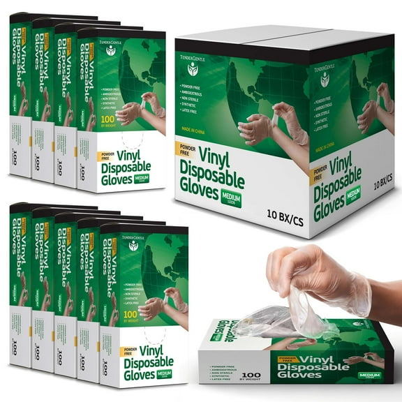 Tender Gentle Disposable Vinyl Gloves 1,000 ct. (10 x 100) - Medium - Clear - Latex Free - Food Safe Gloves