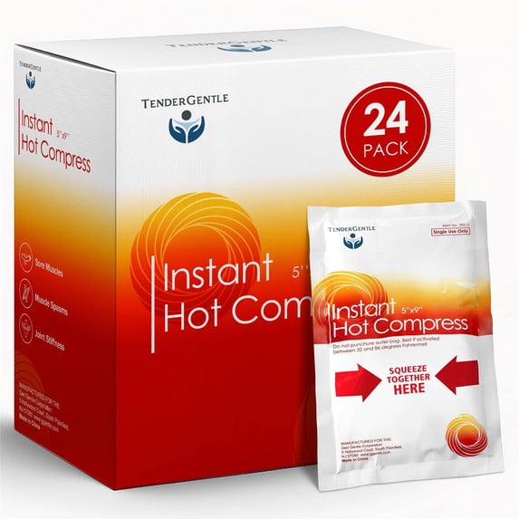 Tender Gentle Instant Hot Compress - 24 Hot Packs for Pain Relief, Sore Muscles, Muscle Spasms, and Joint Stiffness