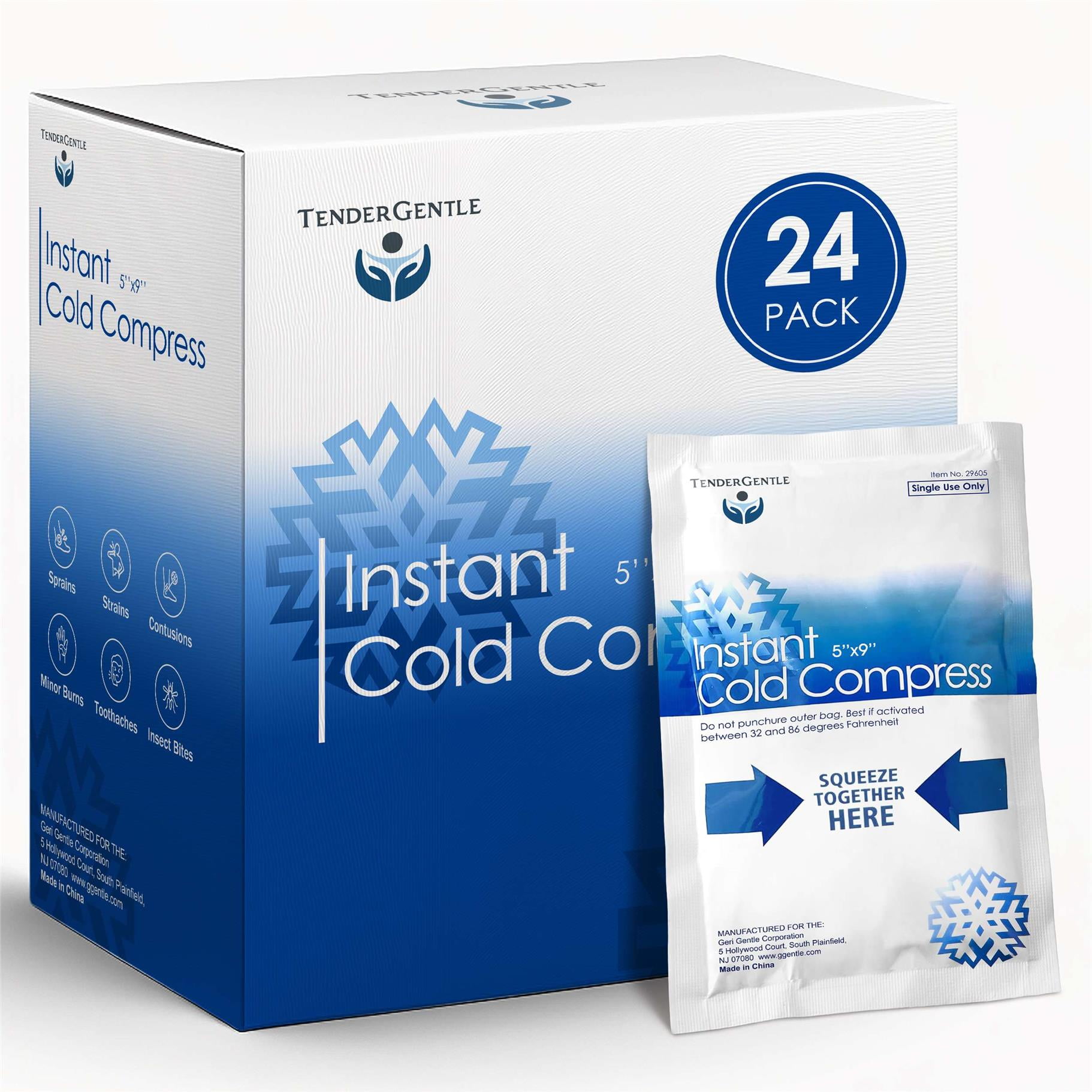 Tender Gentle Instant Ice Packs for Injuries - 24 Count of Disposable Cold Compress Ice Packs for Sprains, Strains, Minor Burns, Toothaches