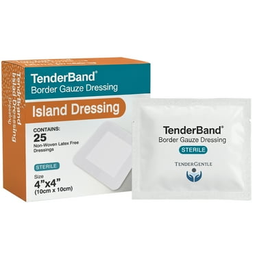 Tender Gentle Island Dressing Bordered Gauze 4"x4" - 25 Gauze Bandages for Wound Protection - Individually Packed Non-Stick Pad with Adhesive Border, Ultra Soft and Breathable